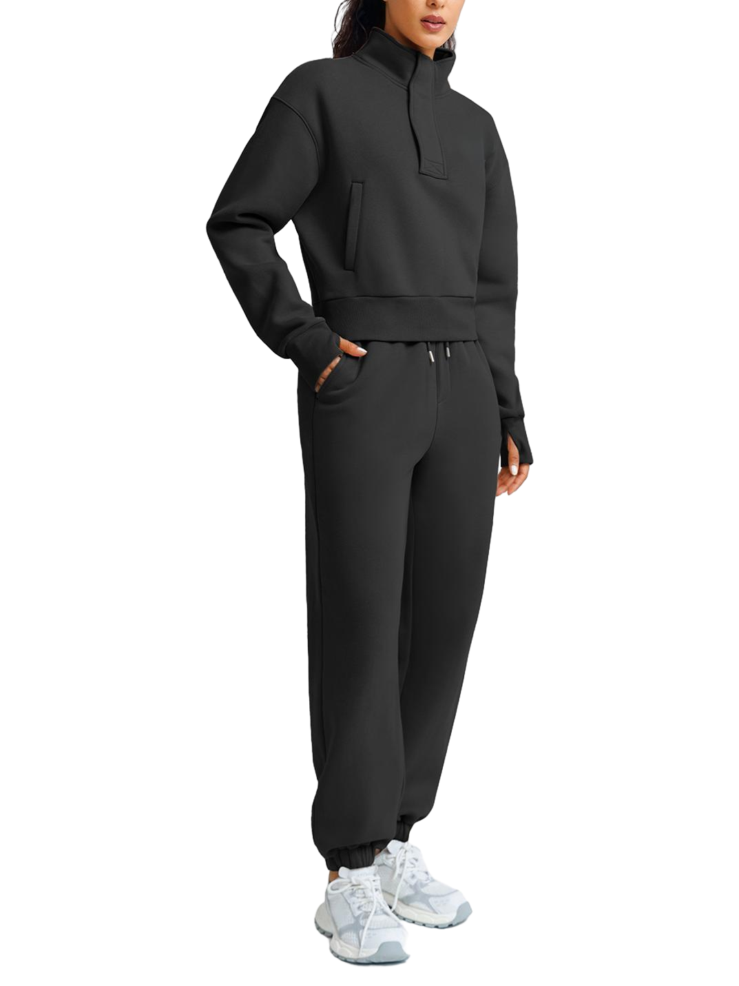 Wholesale Cropped Half-Zip Sweatshirt and Double-Waist Sweatpants Set