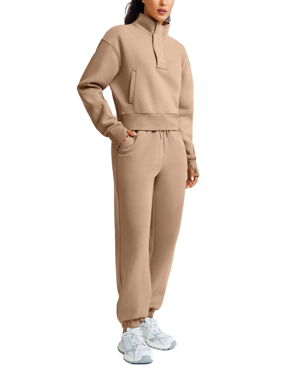 Wholesale Cropped Half-Zip Sweatshirt and Double-Waist Sweatpants Set