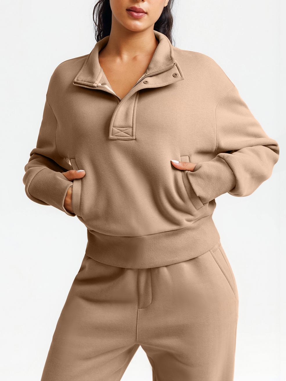 Wholesale Cropped Half-Zip Sweatshirt and Double-Waist Sweatpants Set