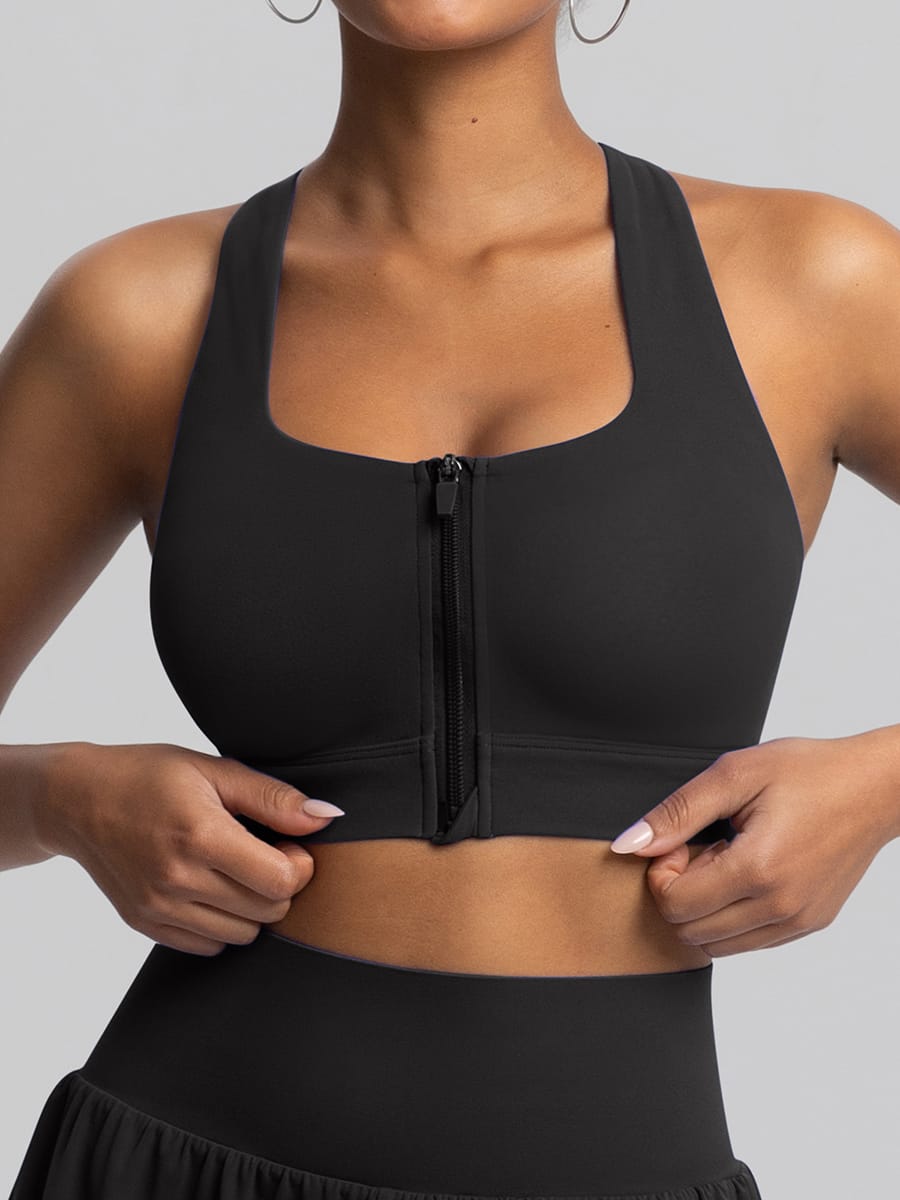 Vractive Black front zipper molded sports bra vest top front view
