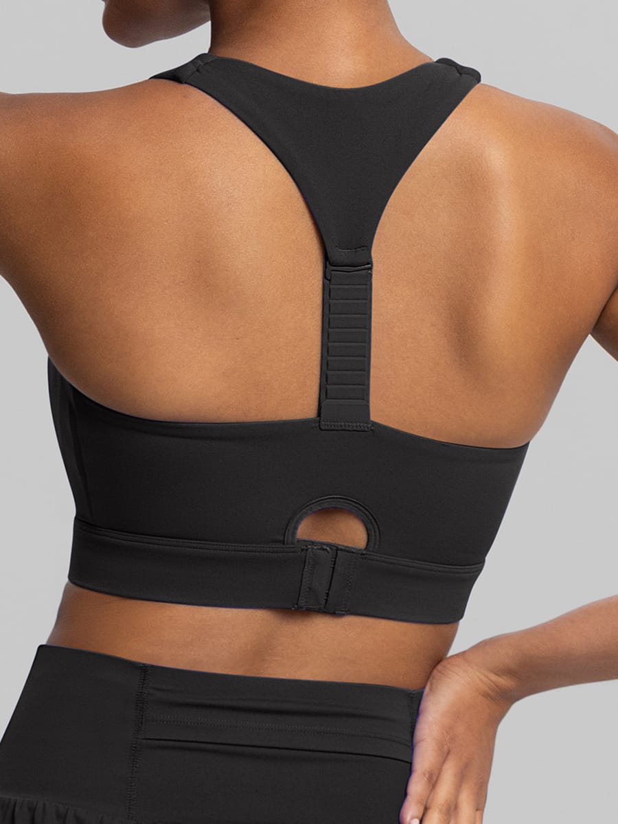 Black workout vest top sports bra by Vractive highlighting supportive back design