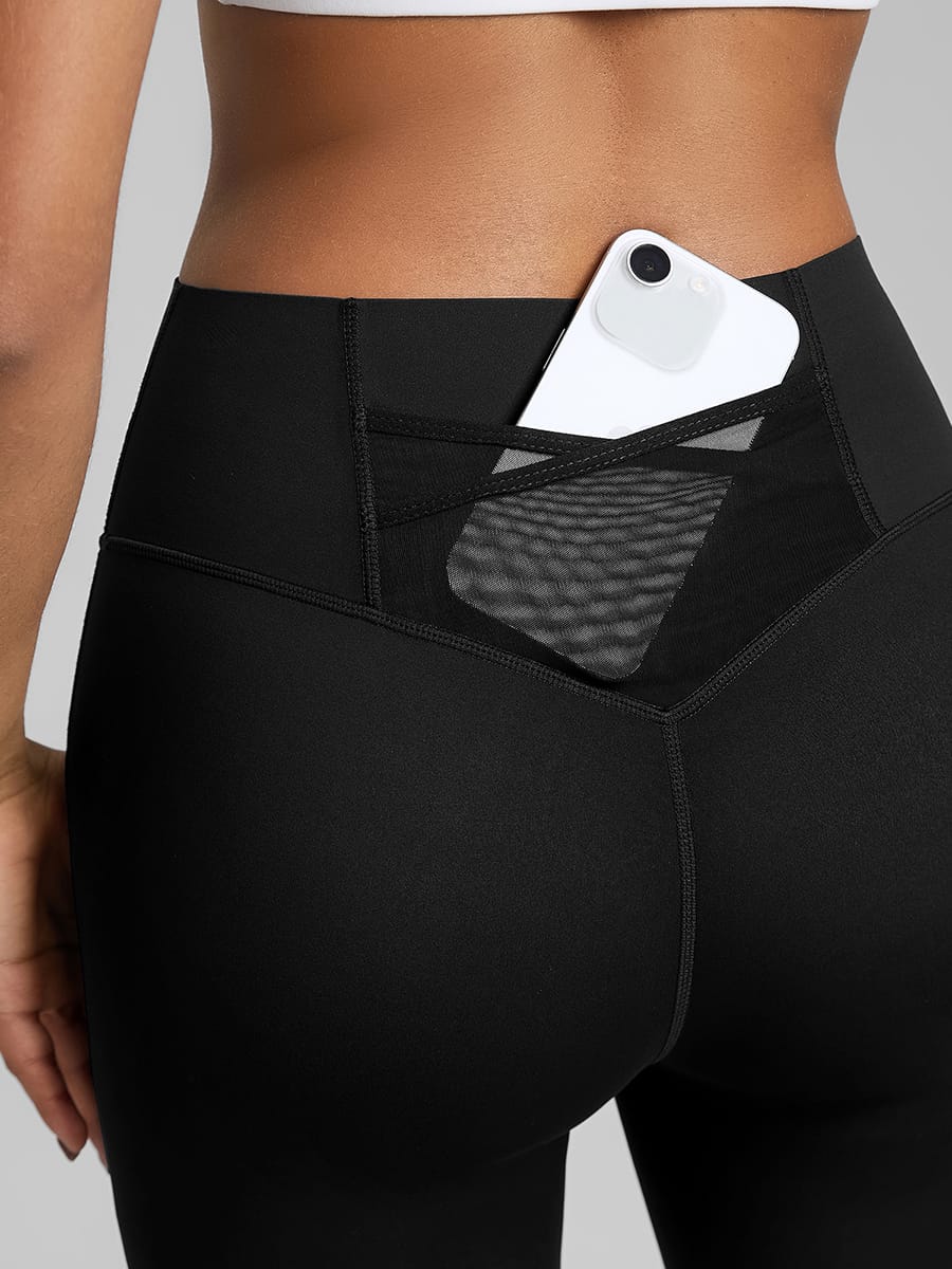 black womens high waisted workout leggings back view stretch yoga pants