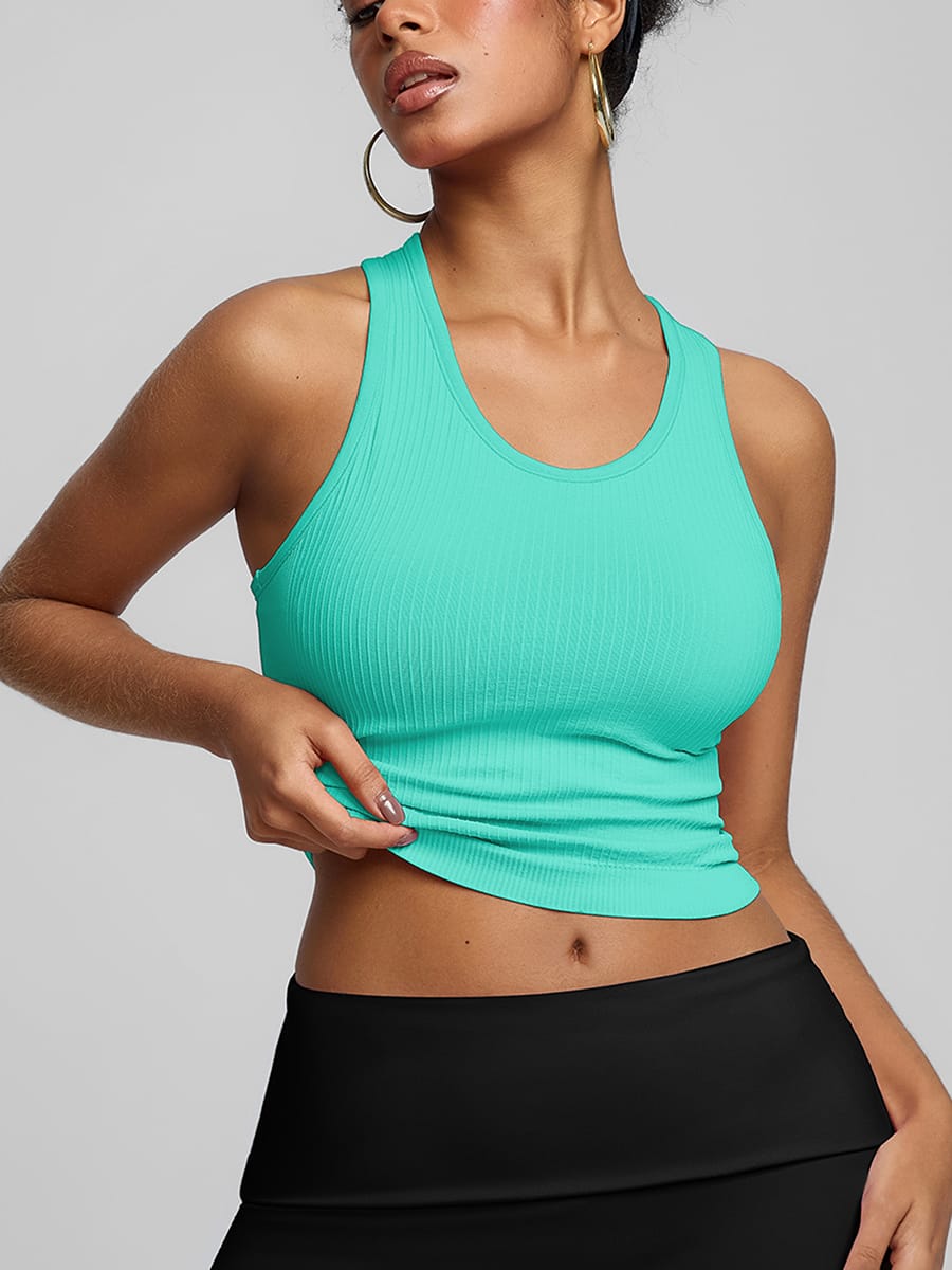 green womens sports bra front view tight fitting yoga workout top vractive