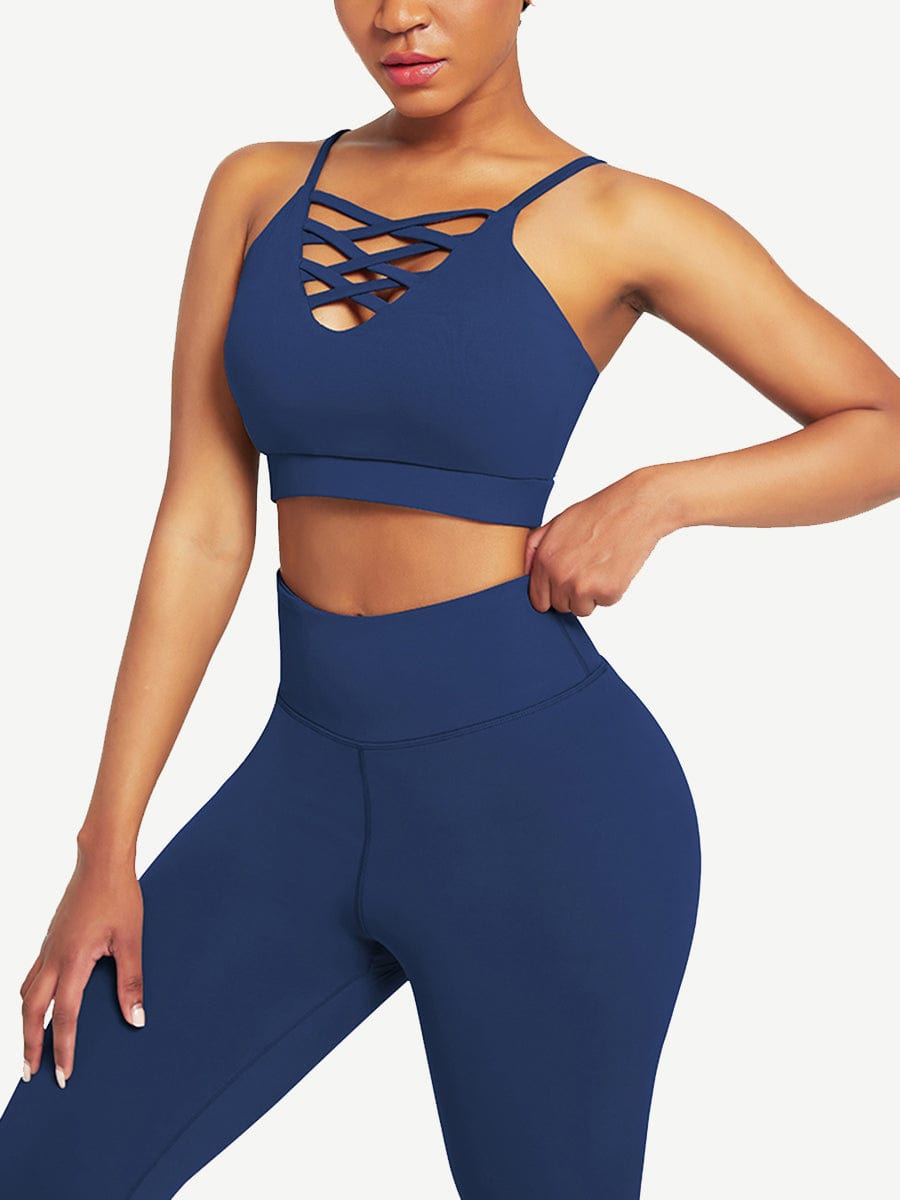 Blue Vractive wholesale adjustable straps high waist athletic suit quick drying sets, blue crisscross strap seamless workout set
