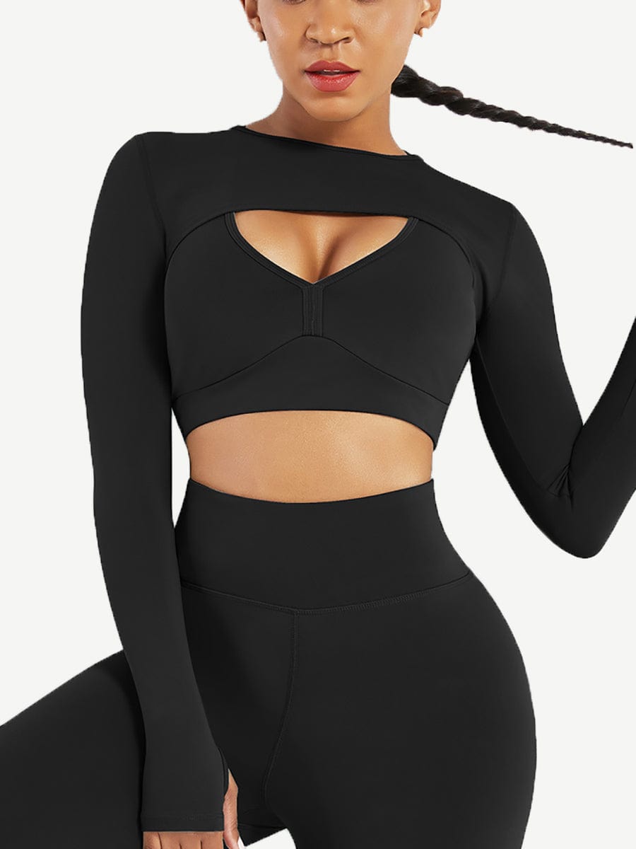 Black Vractive wholesale round collar long sleeve crop top for running, ribbed workout crop top (only tops)
