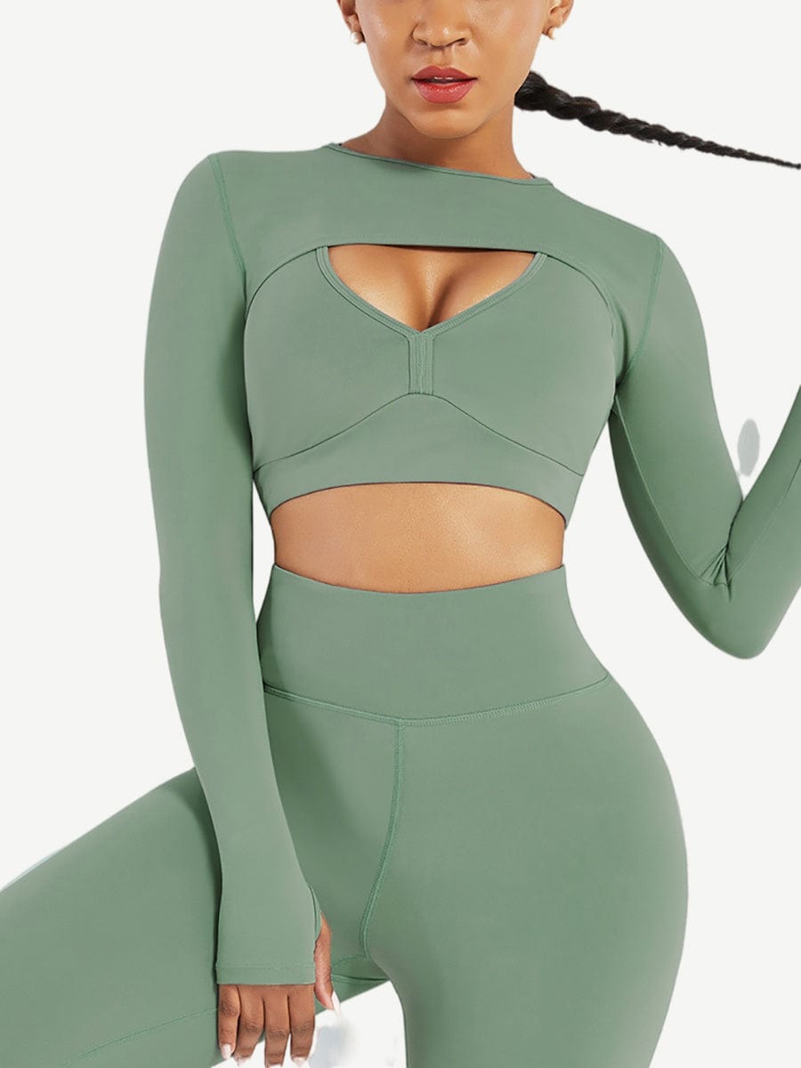 Side view of sage green Vractive round collar long sleeve crop top, running workout activewear (only tops)
