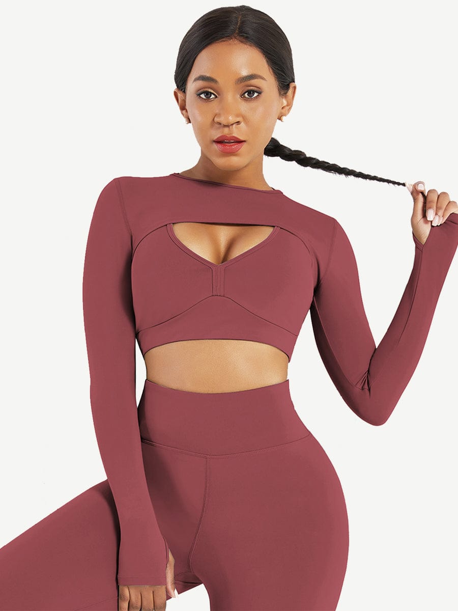 Vractive wholesale round collar long sleeve crop top for running (only tops), burgundy ribbed workout crop top wholesale
