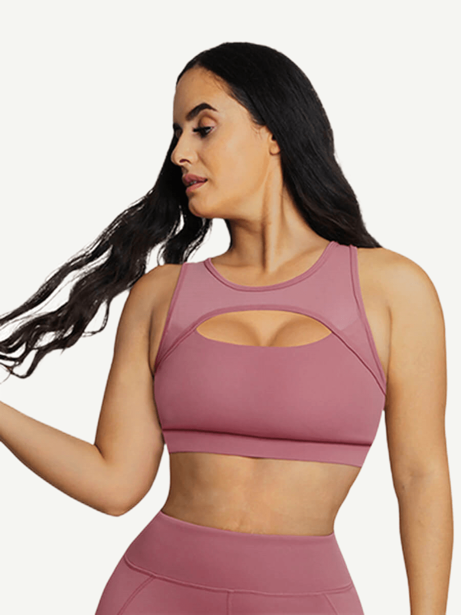 Front view of pink Vractive front and back hollow sports bra, wholesale activewear bra
