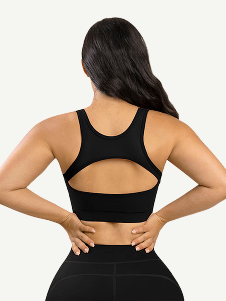 Back view of black Vractive front and back hollow sports bra, wholesale activewear
