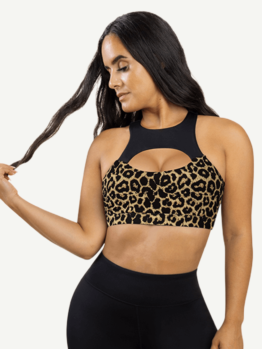 Leopard-print and black splice Vractive wholesale sports bra, front view
