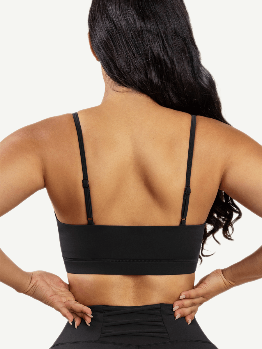 Back view of black Vractive front cross hollow sports bra, wholesale activewear
