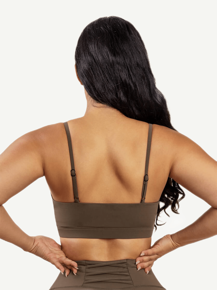 Back view of brown Vractive front cross hollow sports bra, wholesale activewear

