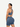 Side view of blue Vractive seamless biker shorts set, eco-friendly V neck sportswear
