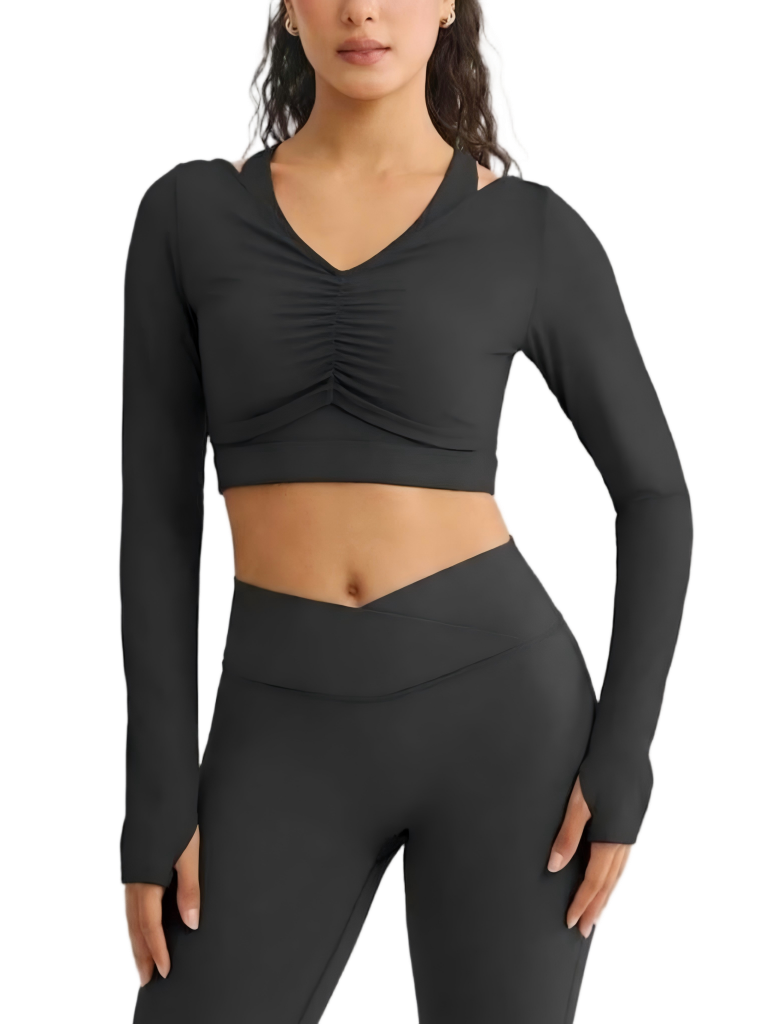 Vractive Wholesale Off Shoulder Long Sleeve Yoga Top with Built-in Bra | Double Layer Activewear Top