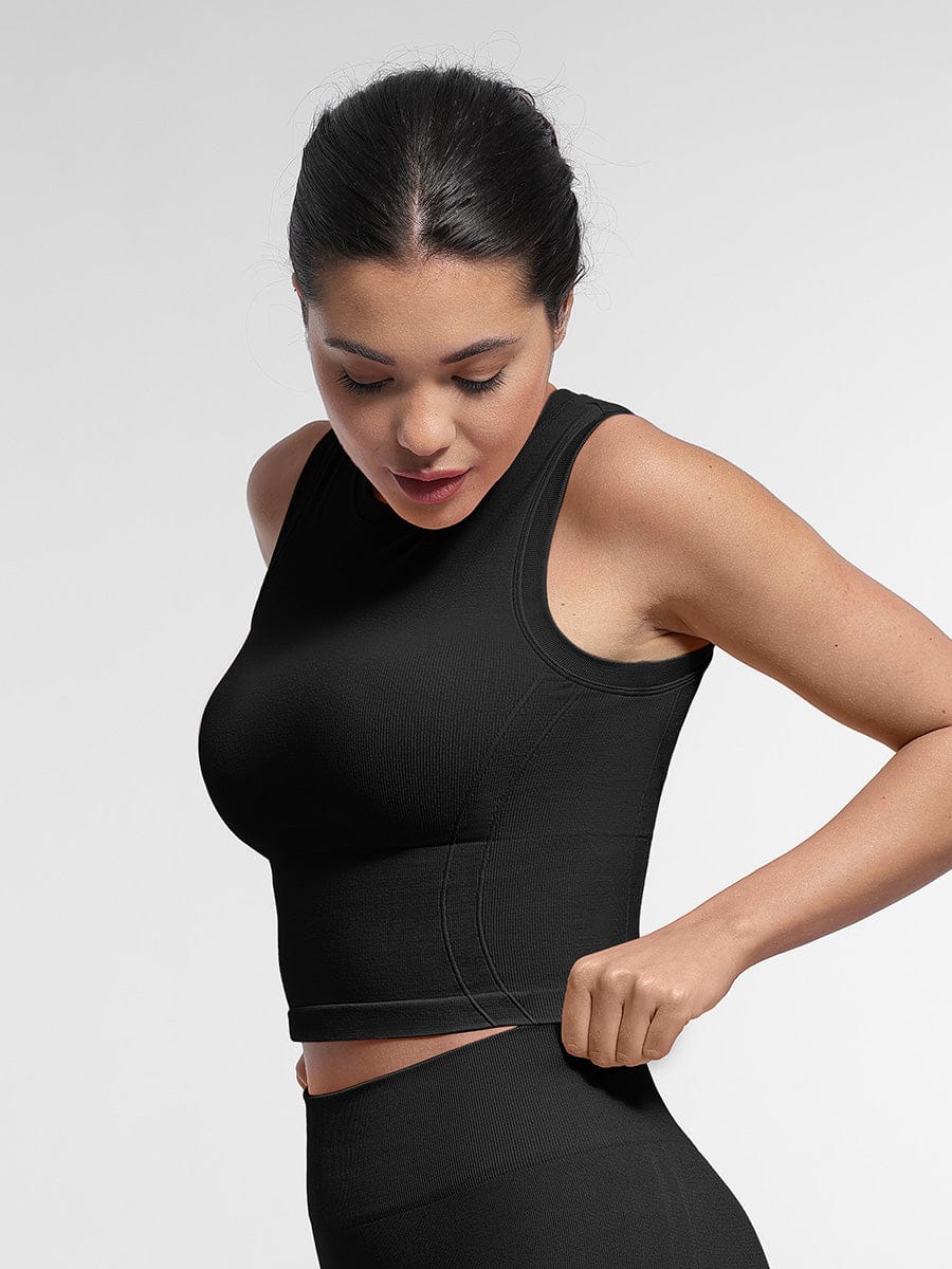 Black seamless supportive top, form fitting sports top with removable cups for wholesale
