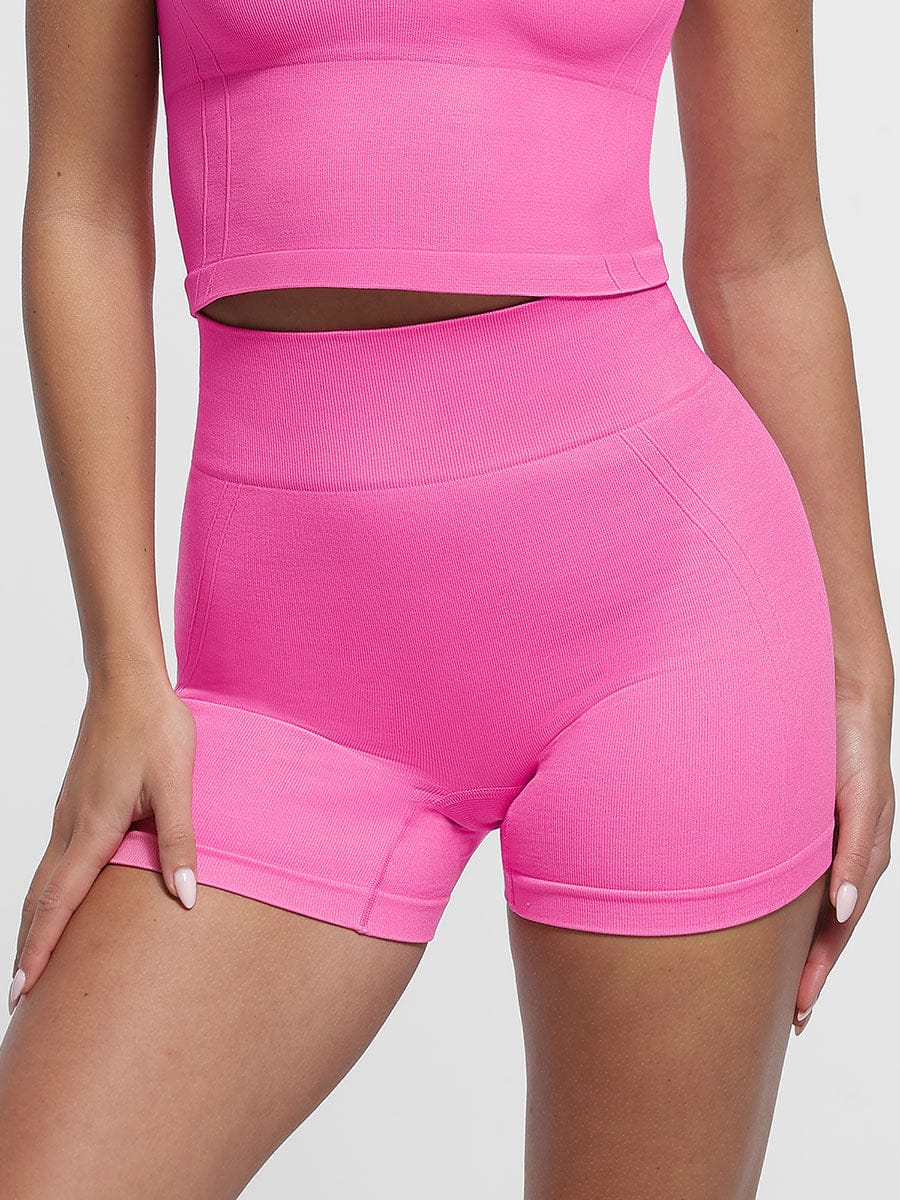 Pink high waisted yoga shorts wholesale, peach buttocks shaping, non roll sculpting shorts
