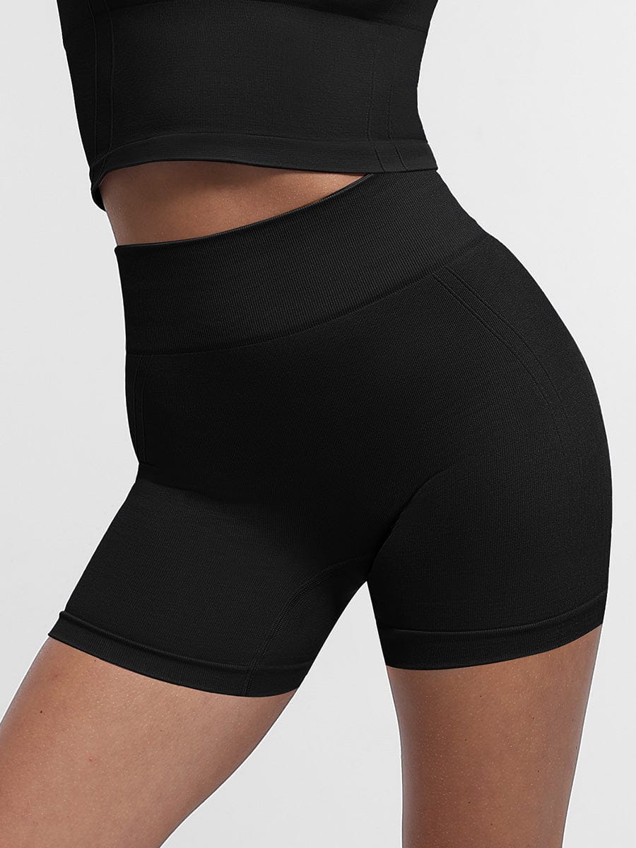 Back view of black yoga shorts, peach buttocks shaping, wholesale sculpting shorts
