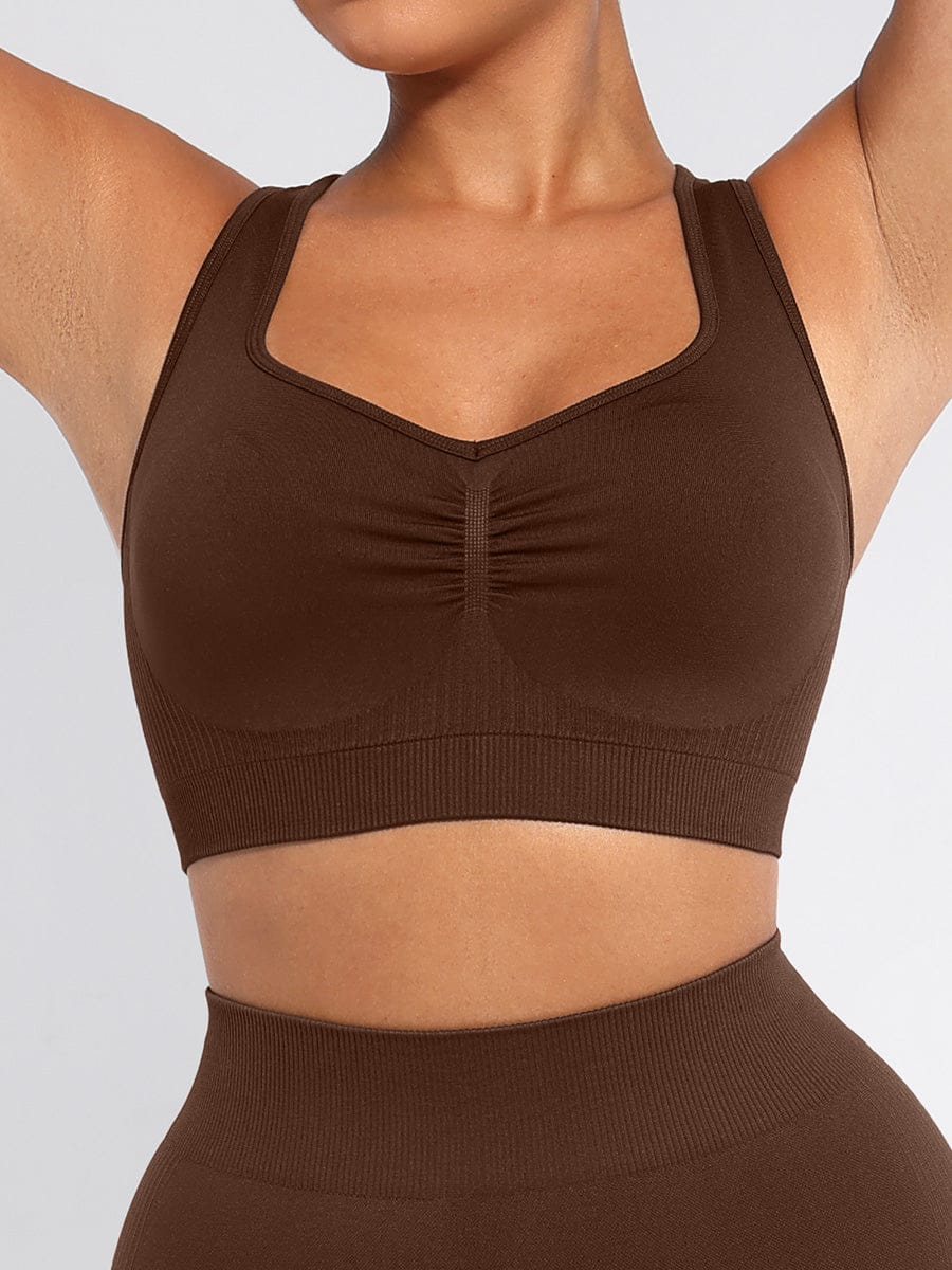 Vractive Brown seamless high support sports bra with removable pads front view highlighting secure fit