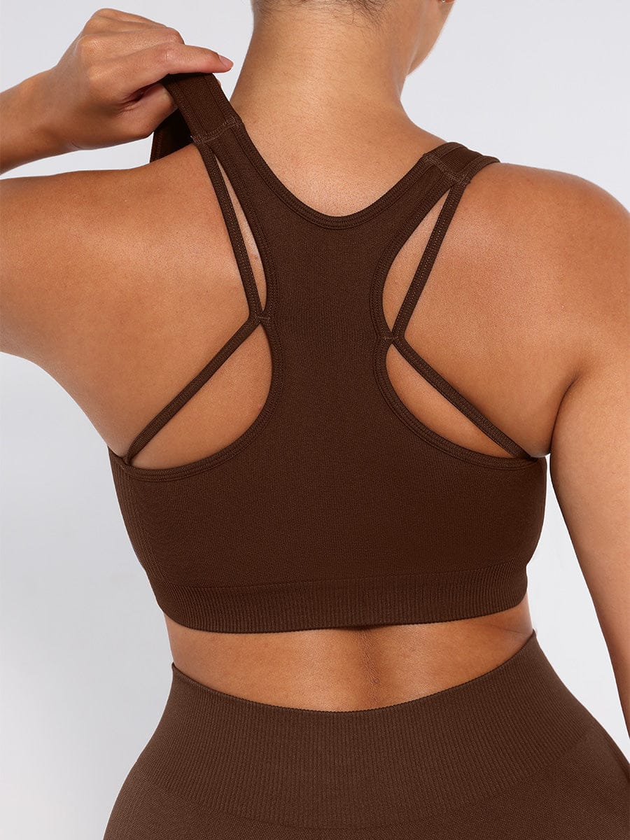 Brown seamless racerback athletic bra by Vractive Wholesale back design showing breathable knit
