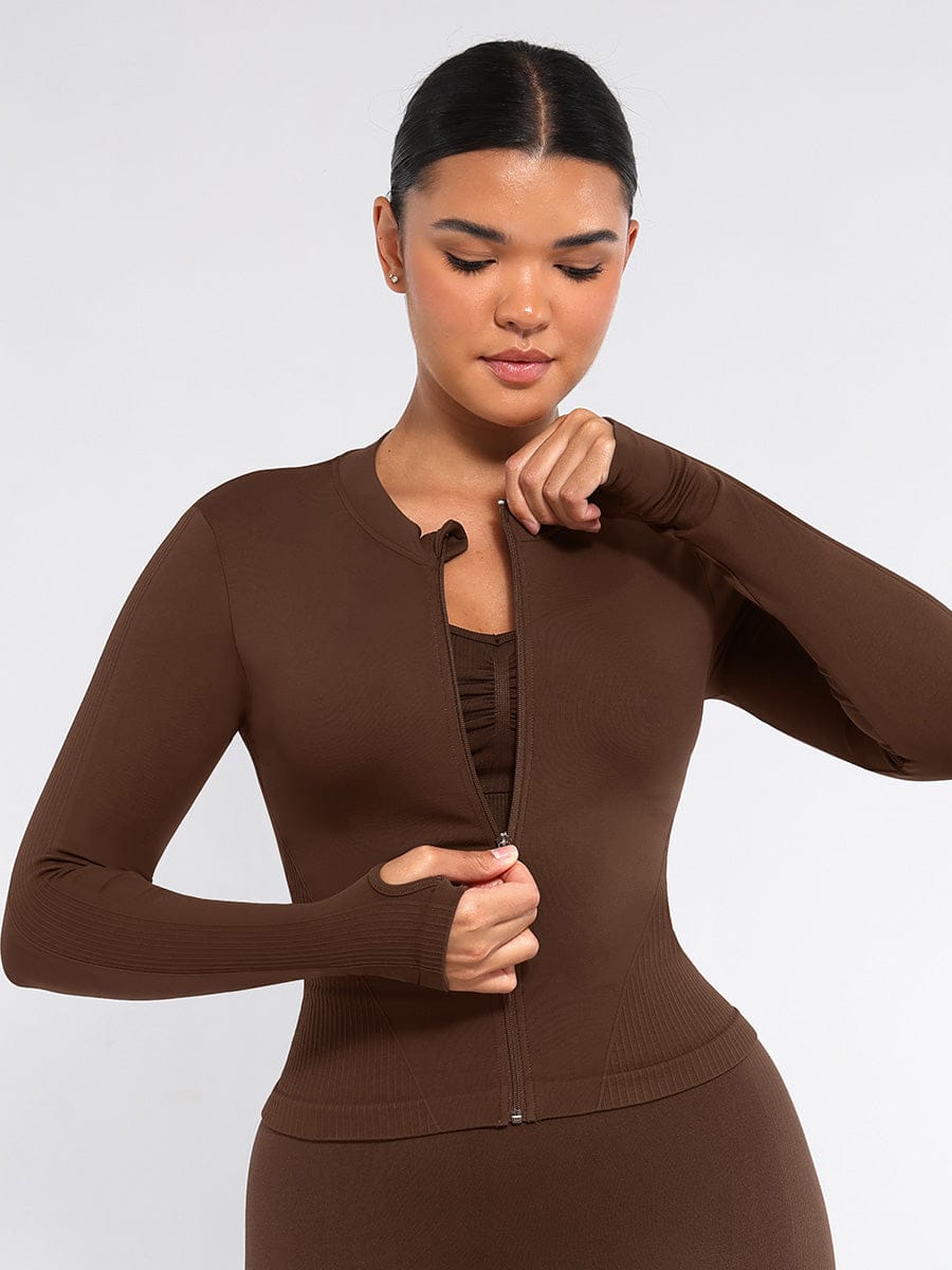 Wholesale seamless running top, full zipper yoga jacket, thumb holes waist control activewear coat, BSCI factory wholesale supplier for yoga set