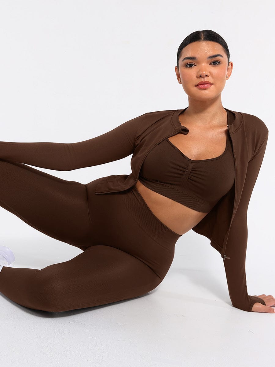 Seamless yoga jacket in 3-piece activewear set, wholesale for fitness and yoga

