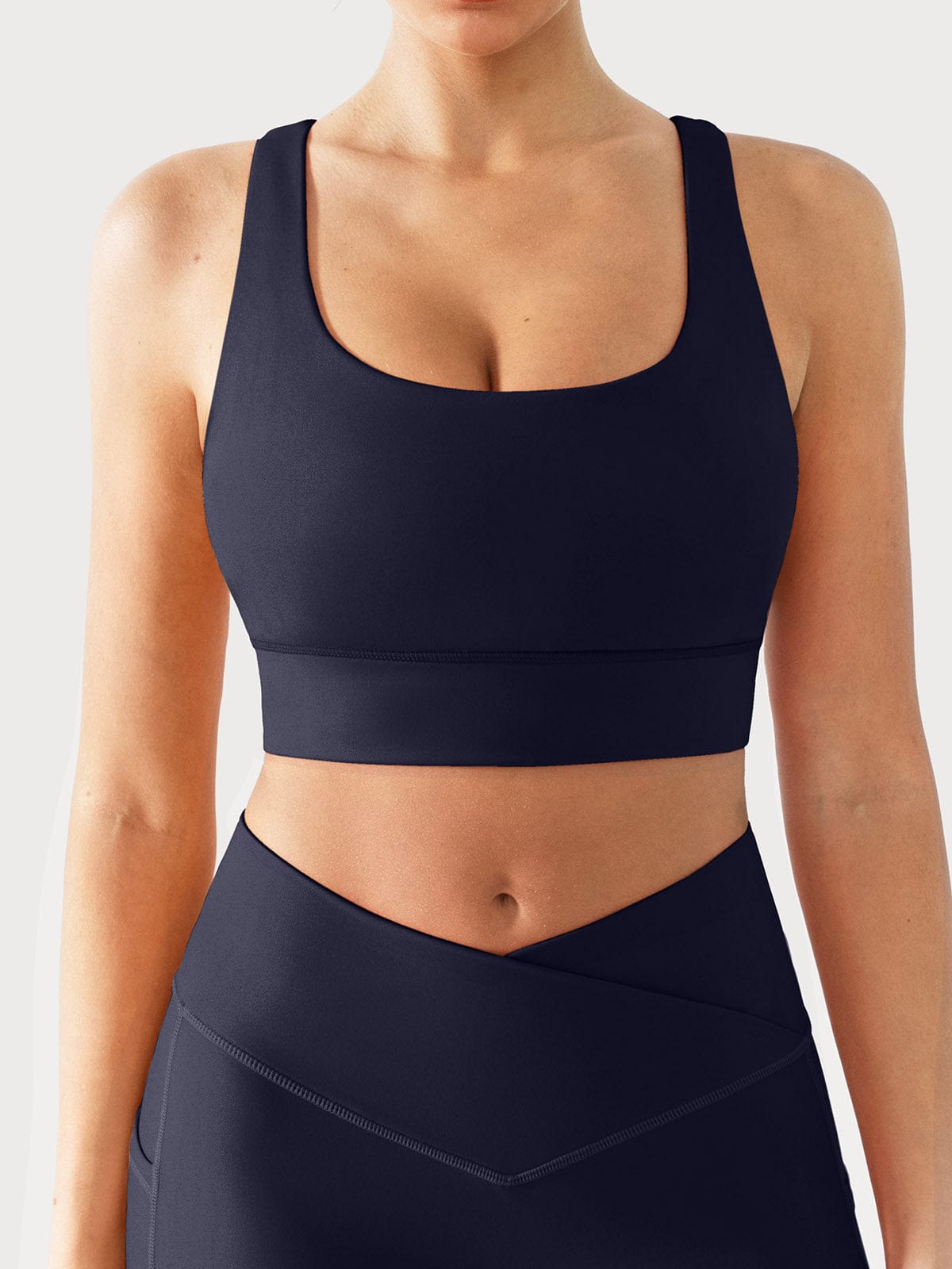 Vractive Navy Blue crisscross wide strap sports bra front view