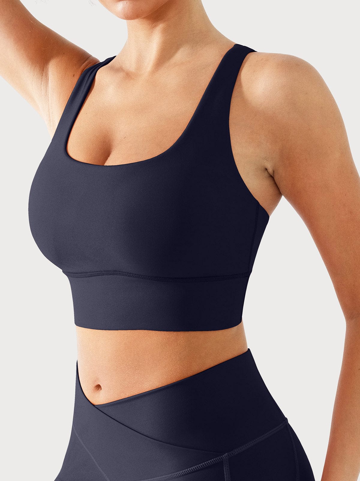 Side view of Navy Blue wide strap yoga bra from Vractive