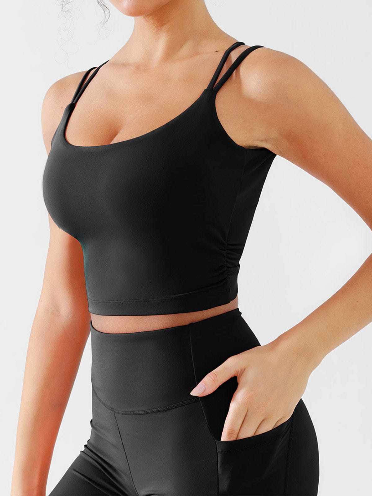 Side angle of Vractive high elasticity sports bra in Standard Black