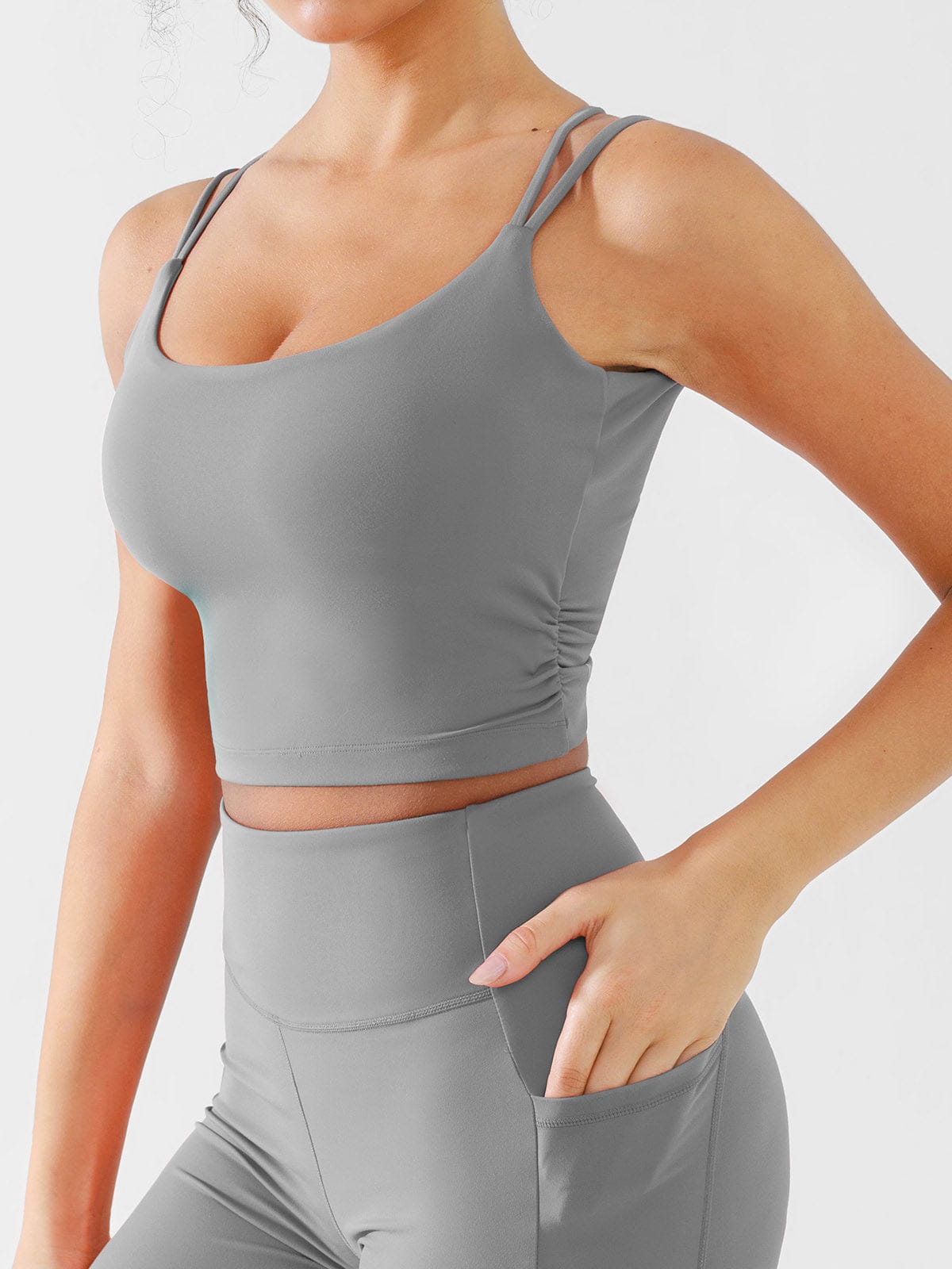 Side view of Lead Gray stretchy yoga sports bra from Vractive
