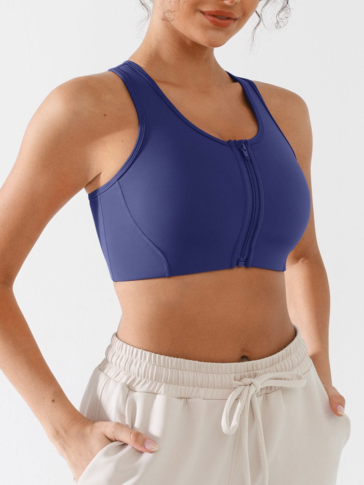 Mist Blue sculpting front-zip sports bra by Vractive Wholesale front perspective