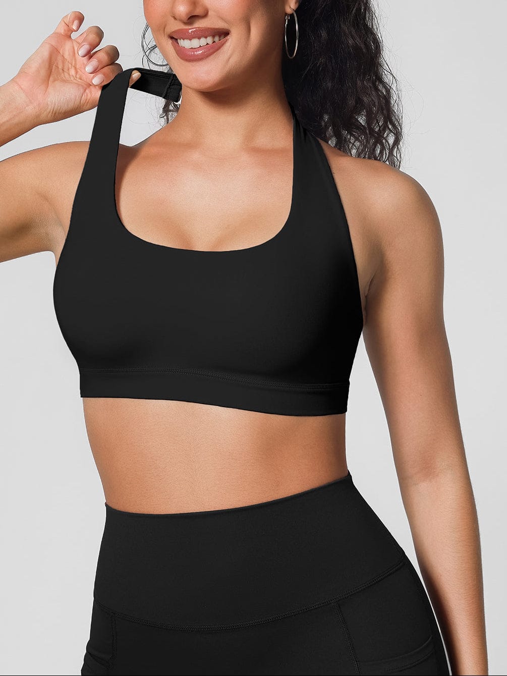 Vractive Standard Black halter neck yoga bra front perspective