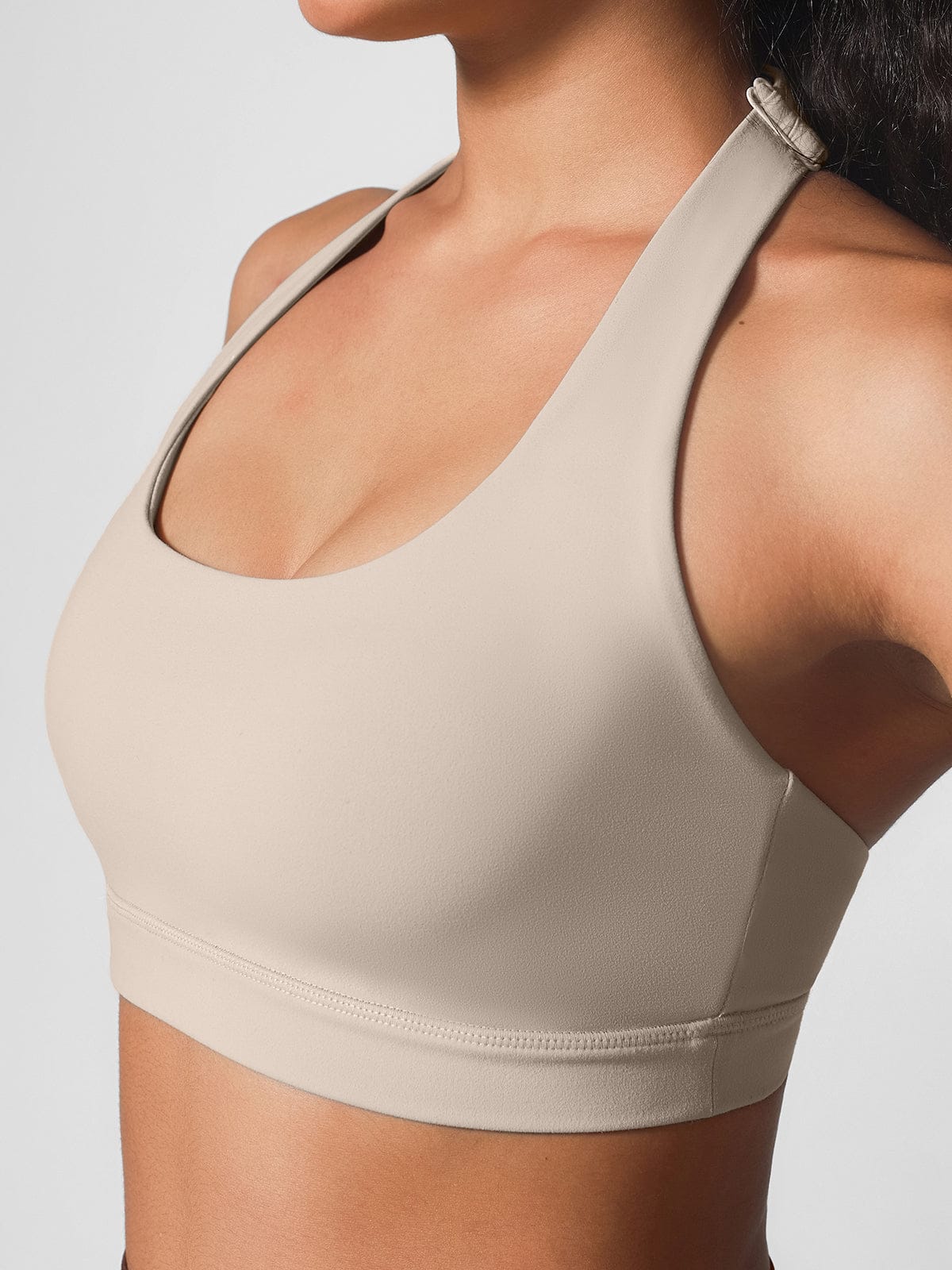 Side view of Light Khaki halter sports bra by Vractive