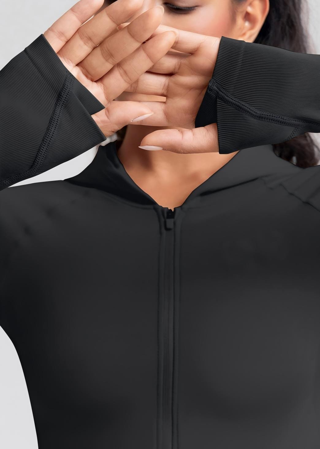 Women's seamless hooded jacket sleeve cuff detail
