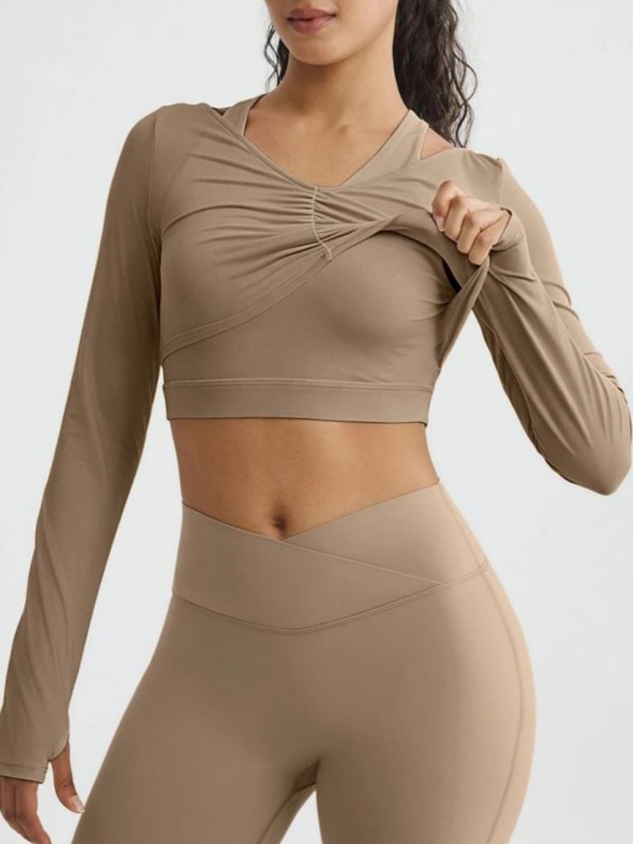 Brown fitted yoga crop top front view