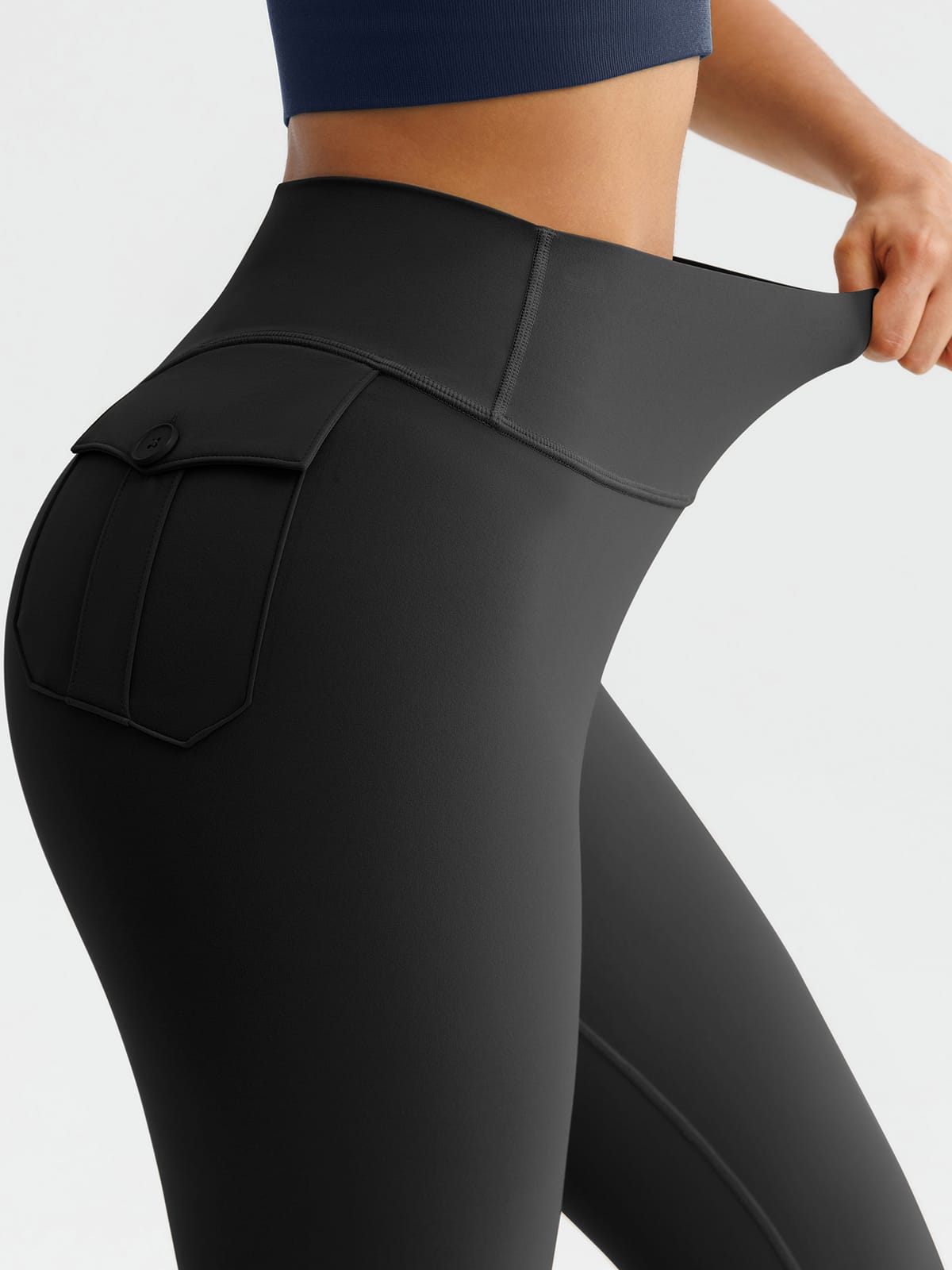 High waisted flared leggings stretchy waistband detail

