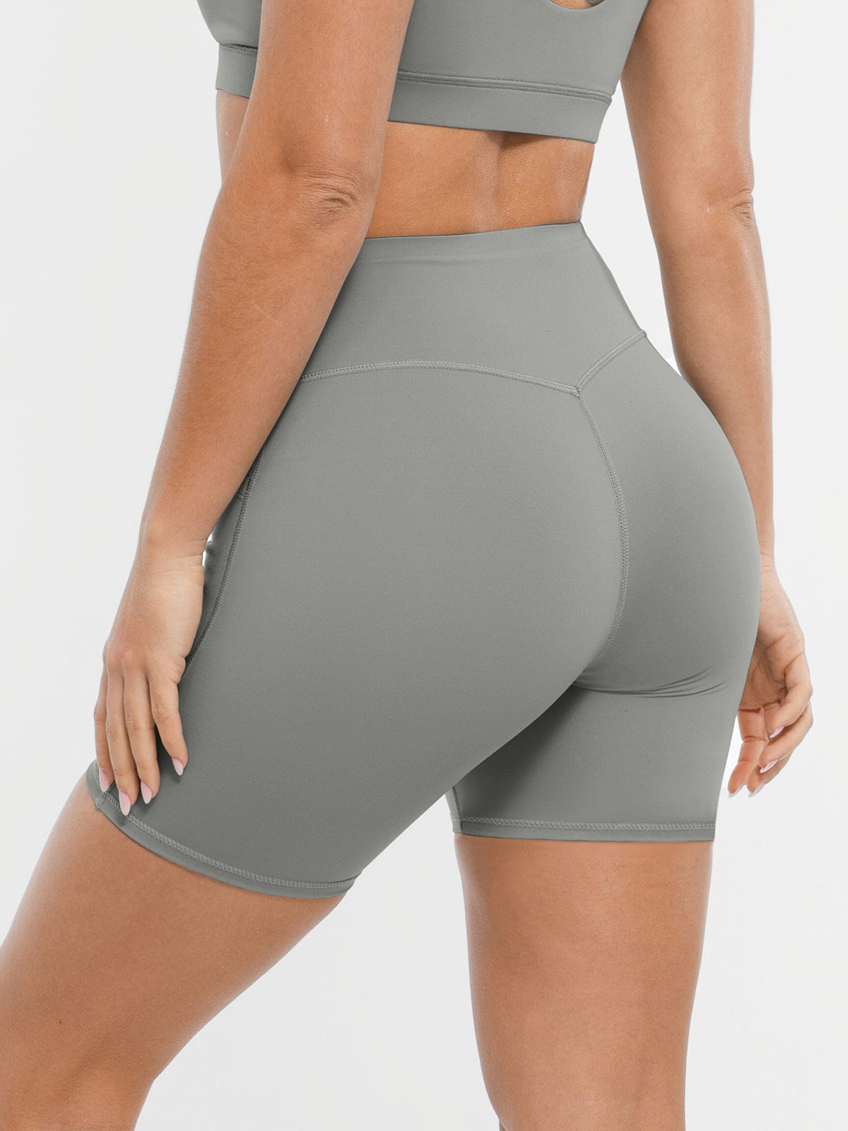 Neutral Gray four-way stretch yoga shorts by Vractive back design