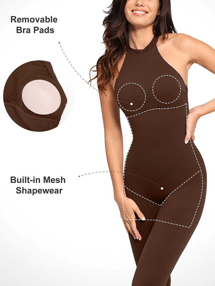 Removable cups detail of brown Vractive halter shapewear jumpsuit, one piece thigh slimming activewear
