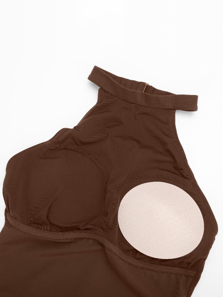 Halter neck and removable cups detail of brown Vractive shapewear jumpsuit
