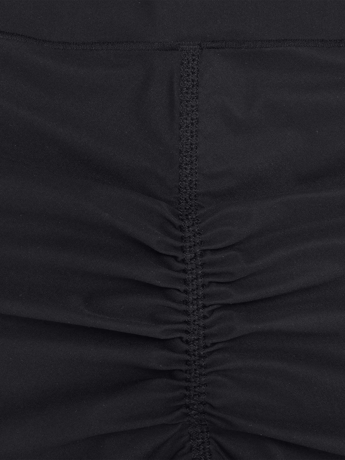 Waist ruched fabric detail of black Vractive shapewear tennis dress, pet hair resistant
