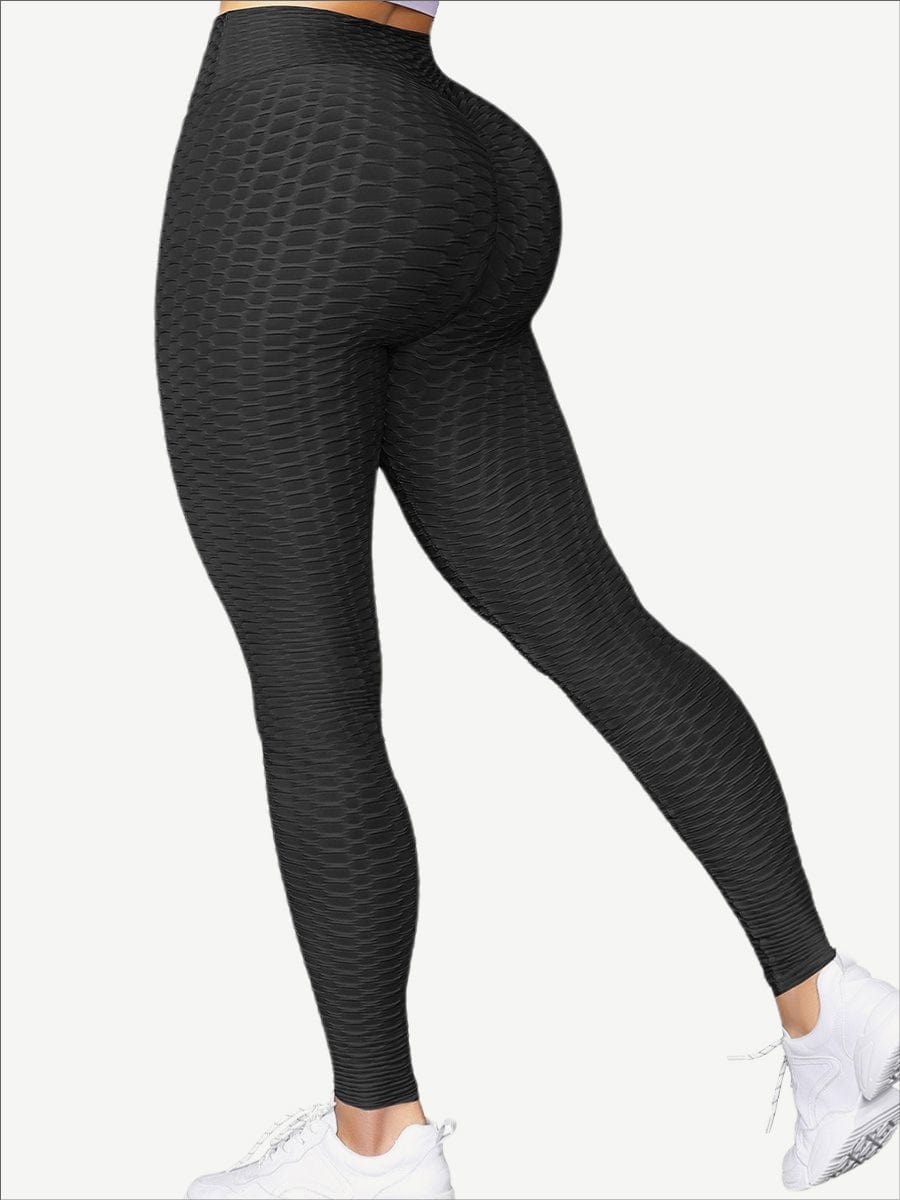 Vractive wholesale ruched yoga legging ankle length high rise fast shipping, black honeycomb textured yoga leggings wholesale
