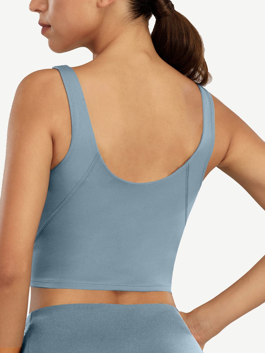 Back view of light blue Vractive U-back sleeveless athletic top, solid color workout apparel
