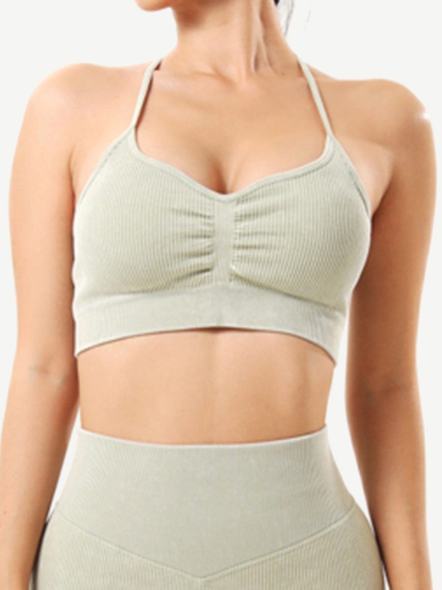 Front view of light green Vractive seamless wash ribbed fabric sports bra, heart neckline activewear
