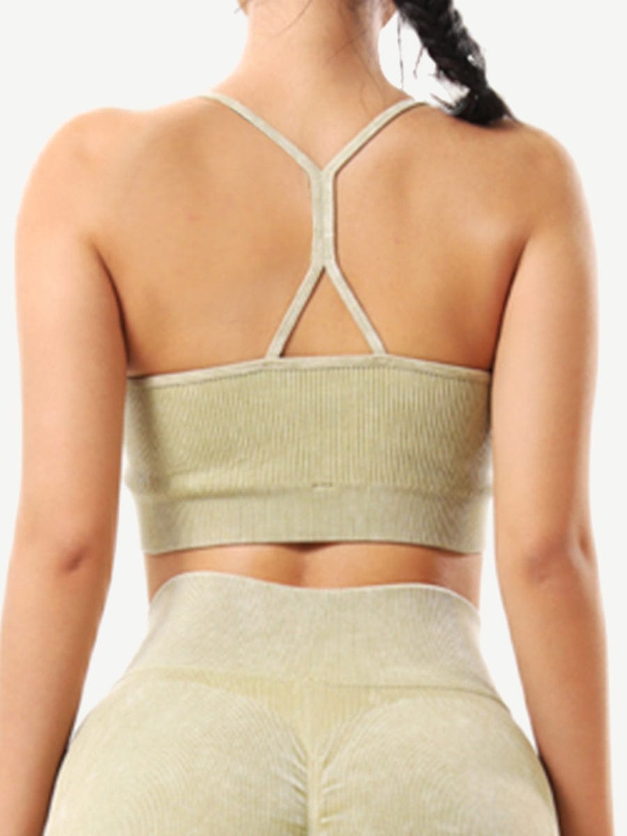 Back view of light green Vractive seamless sports bra, wash ribbed fabric with heart neckline
