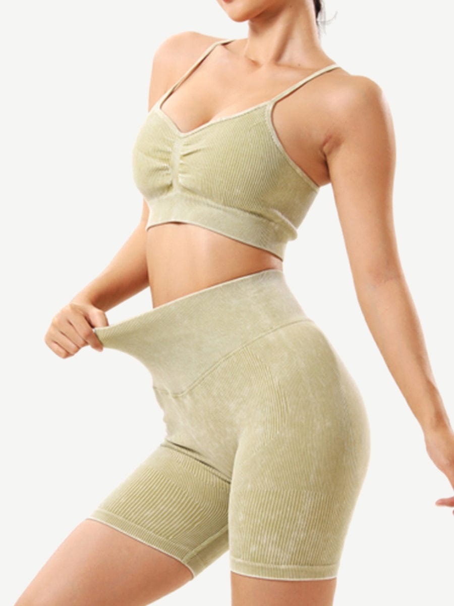 Side view of light green Vractive seamless sports bra, wash ribbed fabric with heart neckline